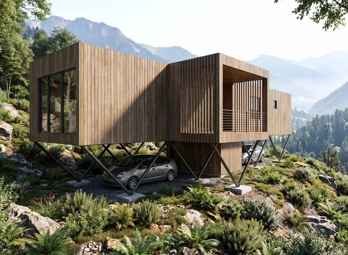 Render cabin, photorealistic, architectural design structural design